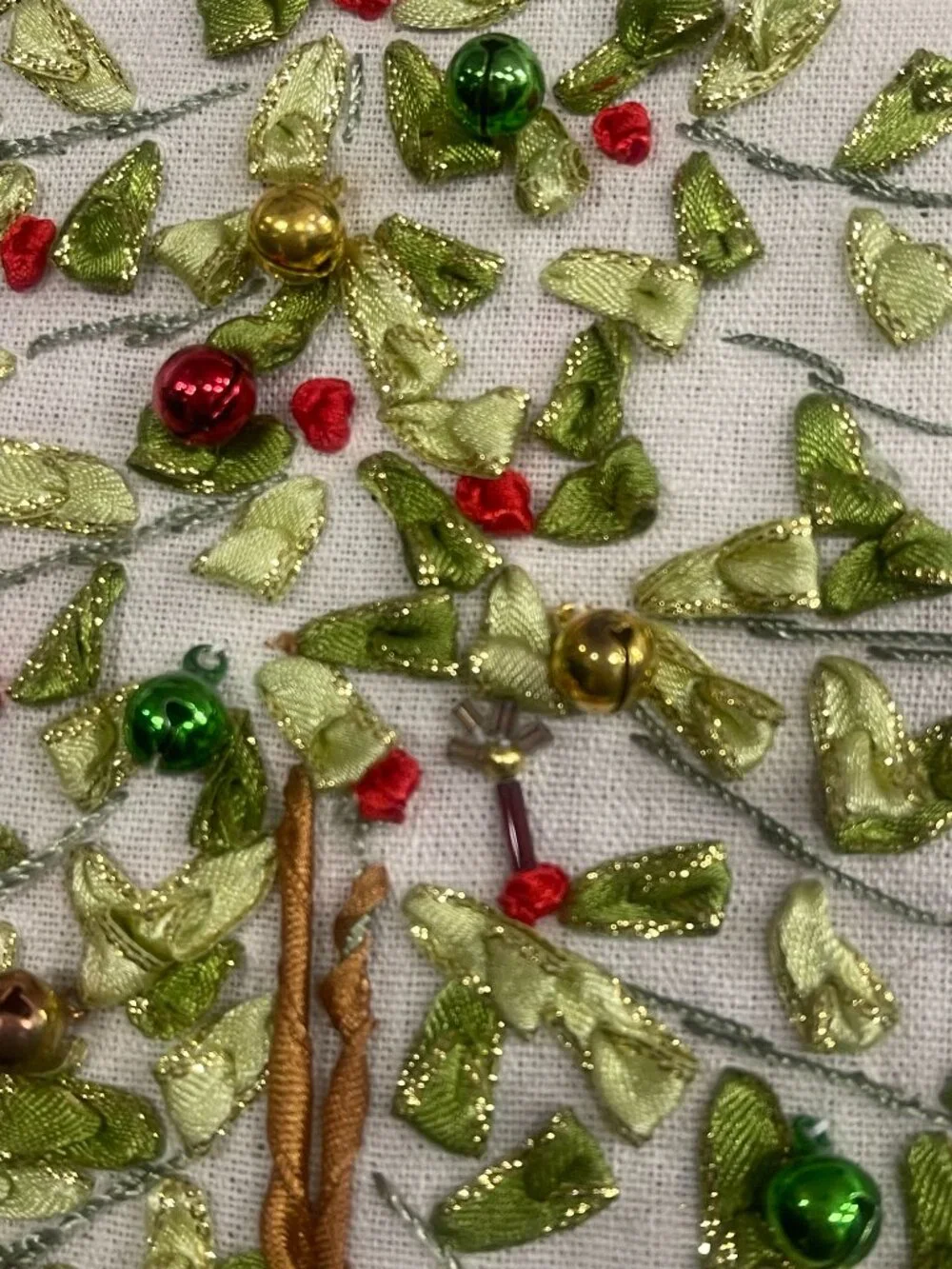 Christmas Tree Ribbon Embroidered Beaded Holiday Accent Pillow 10x10